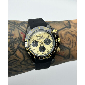 Custom Seiko Mod • Gold Black Arabic Daytona on Black Rubber Strap Quartz Chronograph • 39.5mm